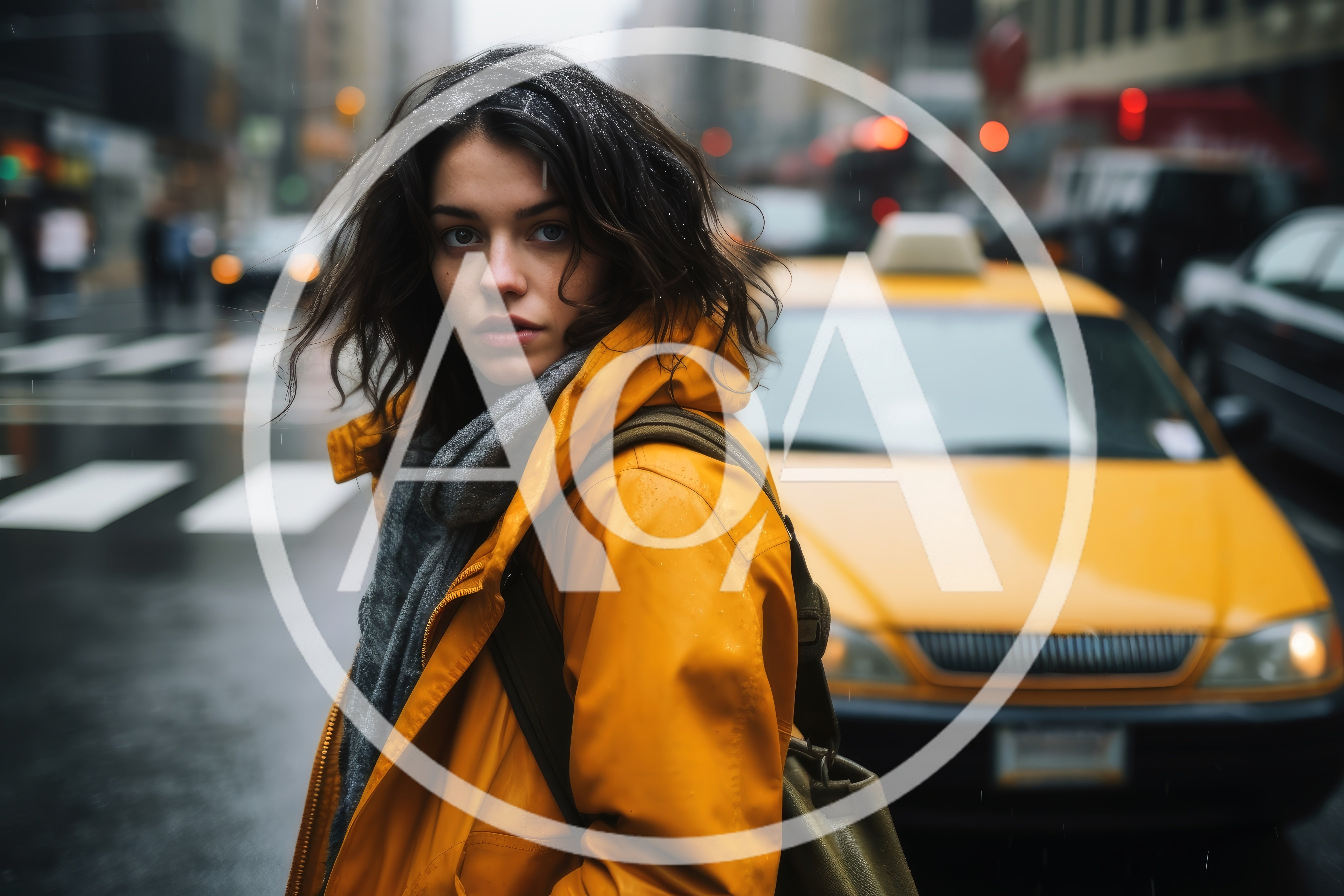 Young Woman Standing In Rain Near Yellow Taxi