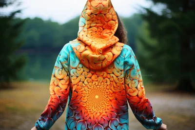Person Wearing Vibrant Fractal Pattern Hoodie Outdoors