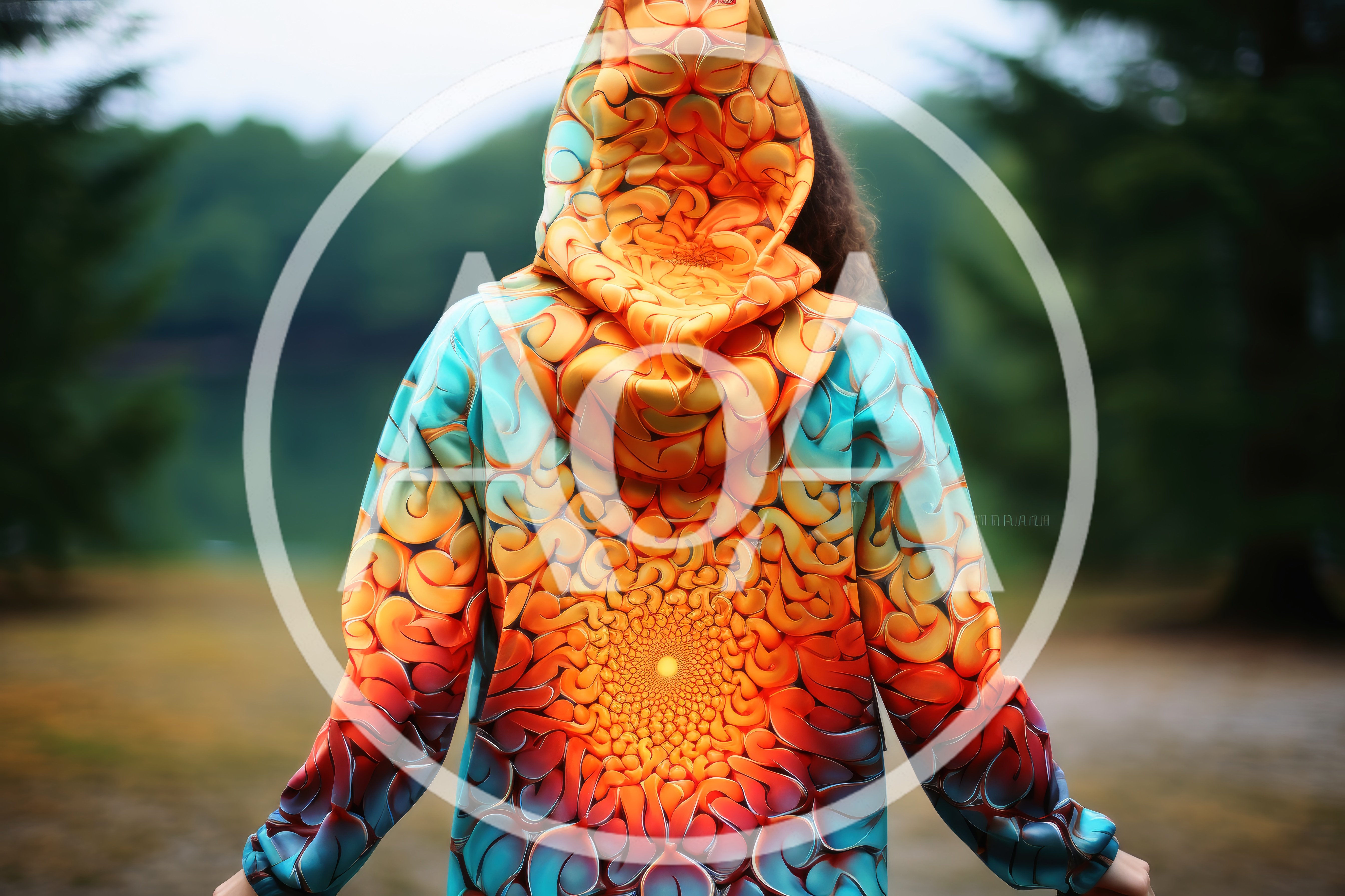 Person Wearing Vibrant Fractal Pattern Hoodie Outdoors