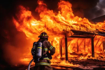 Firefighter Battling A Large Structure Fire