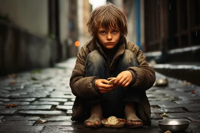 Homeless Child Sitting on Wet Cobblestone Street