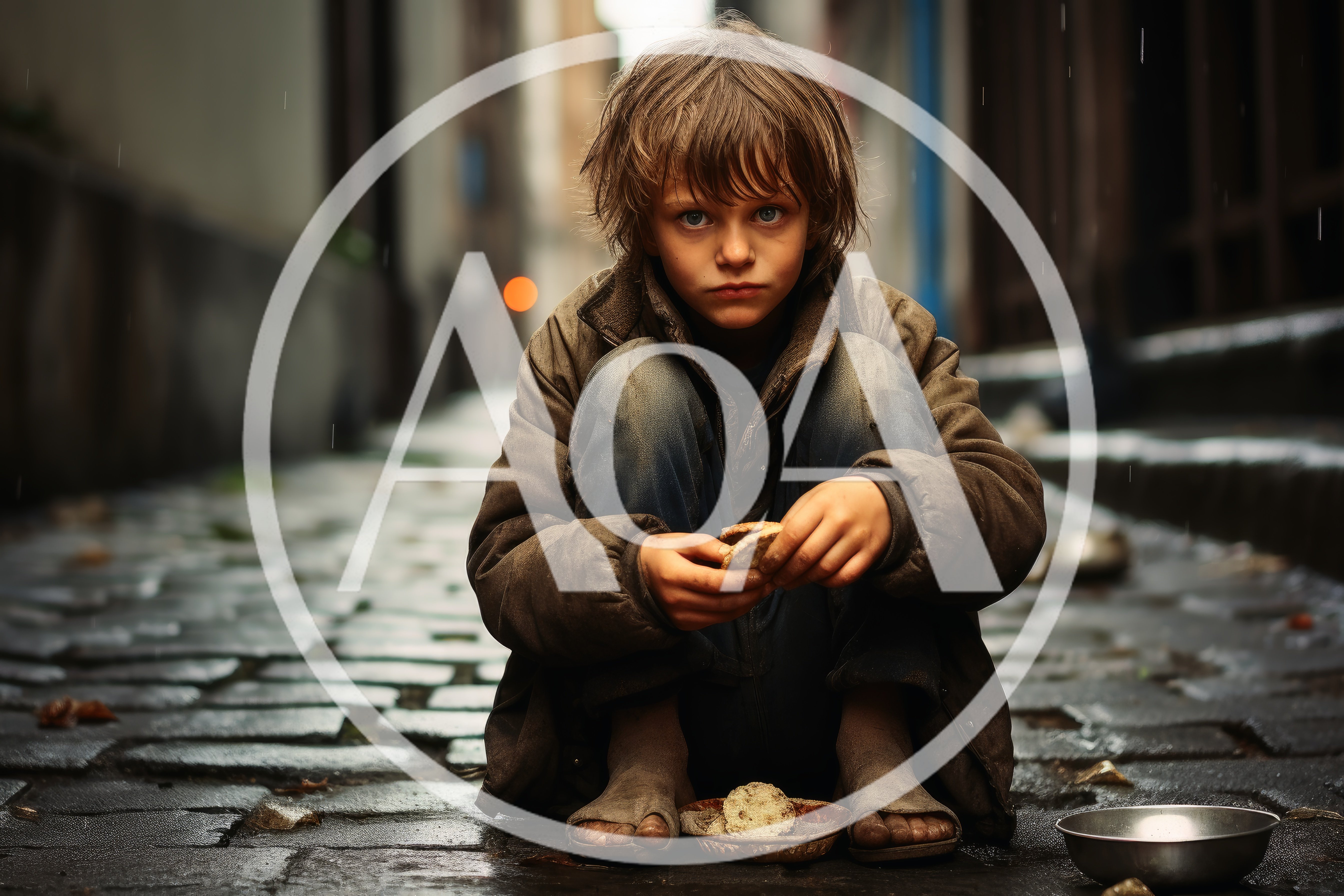 Homeless Child Sitting on Wet Cobblestone Street