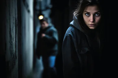 Young Woman Feeling Threatened By A Stalker In Alley