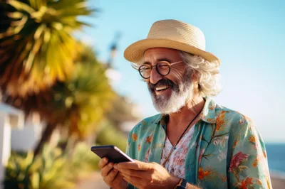Happy Senior Man Using Smartphone Outdoors