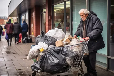 Elderly Man Pushing Shopping Cart Filled With Trash