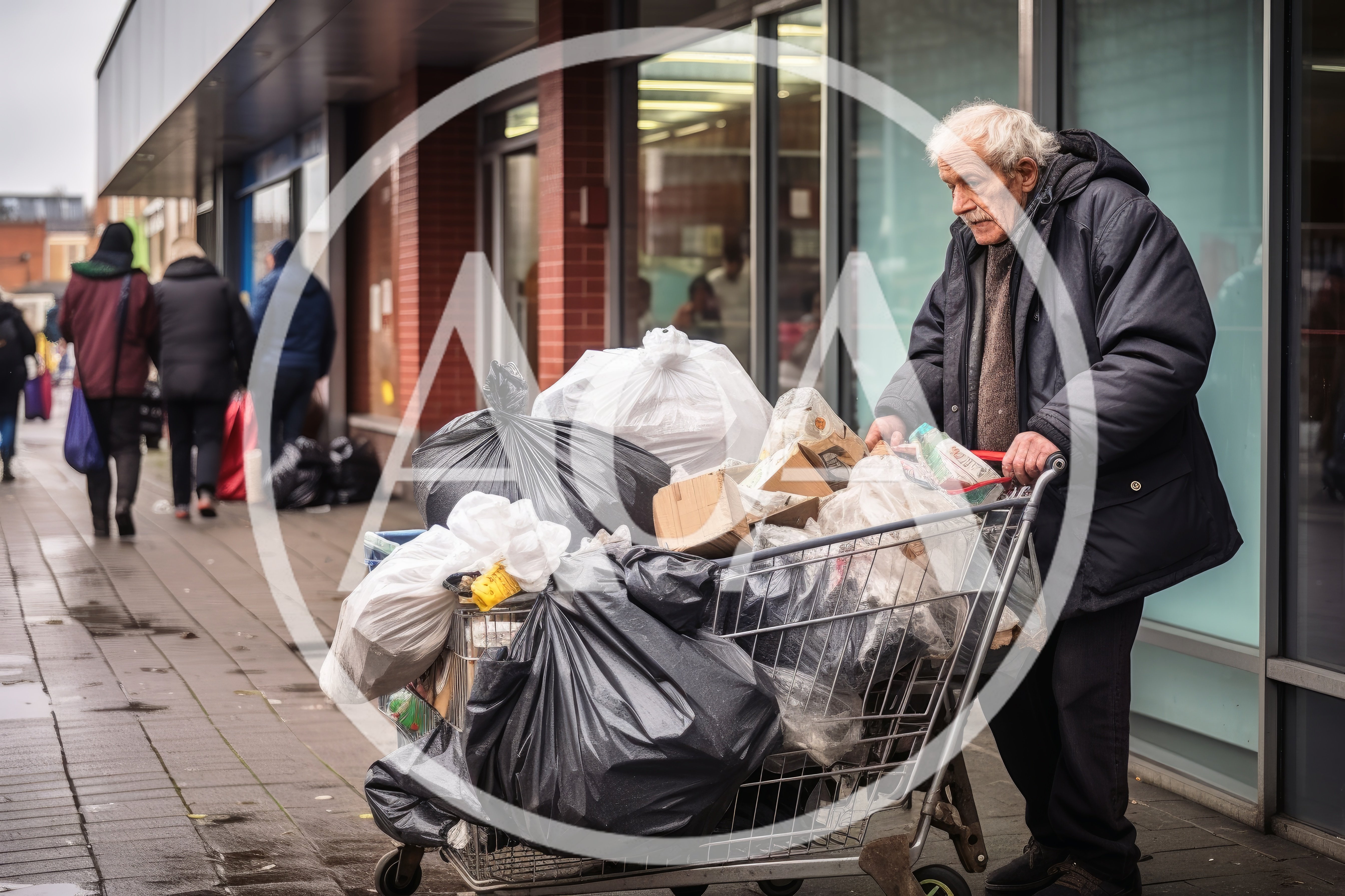 Elderly Man Pushing Shopping Cart Filled With Trash