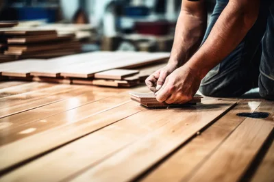 Carpenter Installing Hardwood Flooring In A Workshop