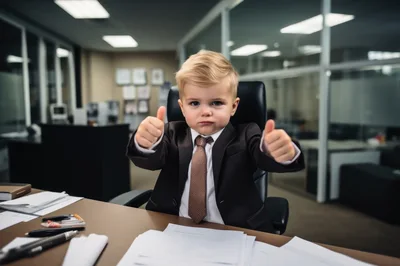 Toddler Businessman Giving Double Thumbs Up In Office