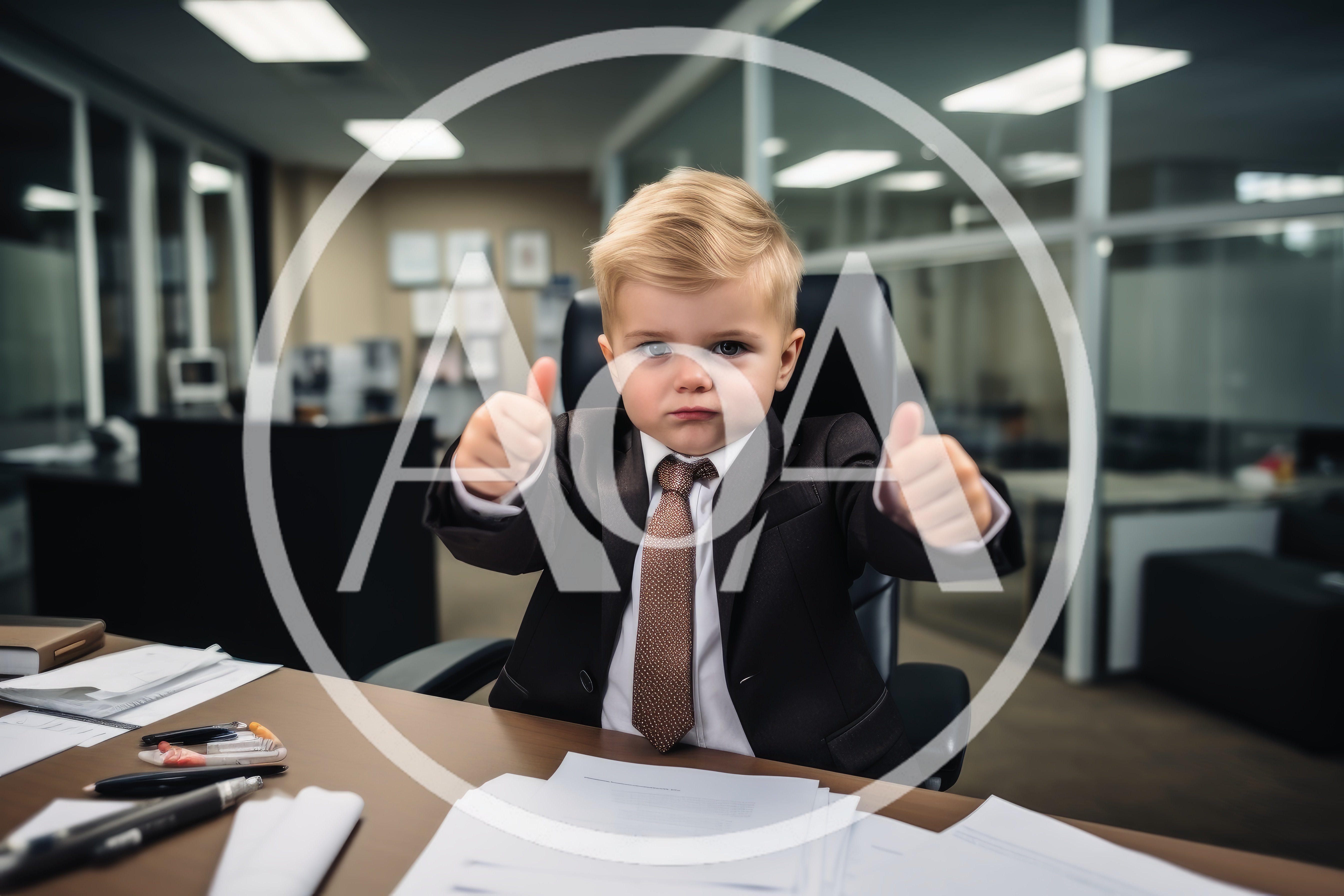 Toddler Businessman Giving Double Thumbs Up In Office