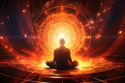 Meditating Monk Before A Glowing Cosmic Mandala
