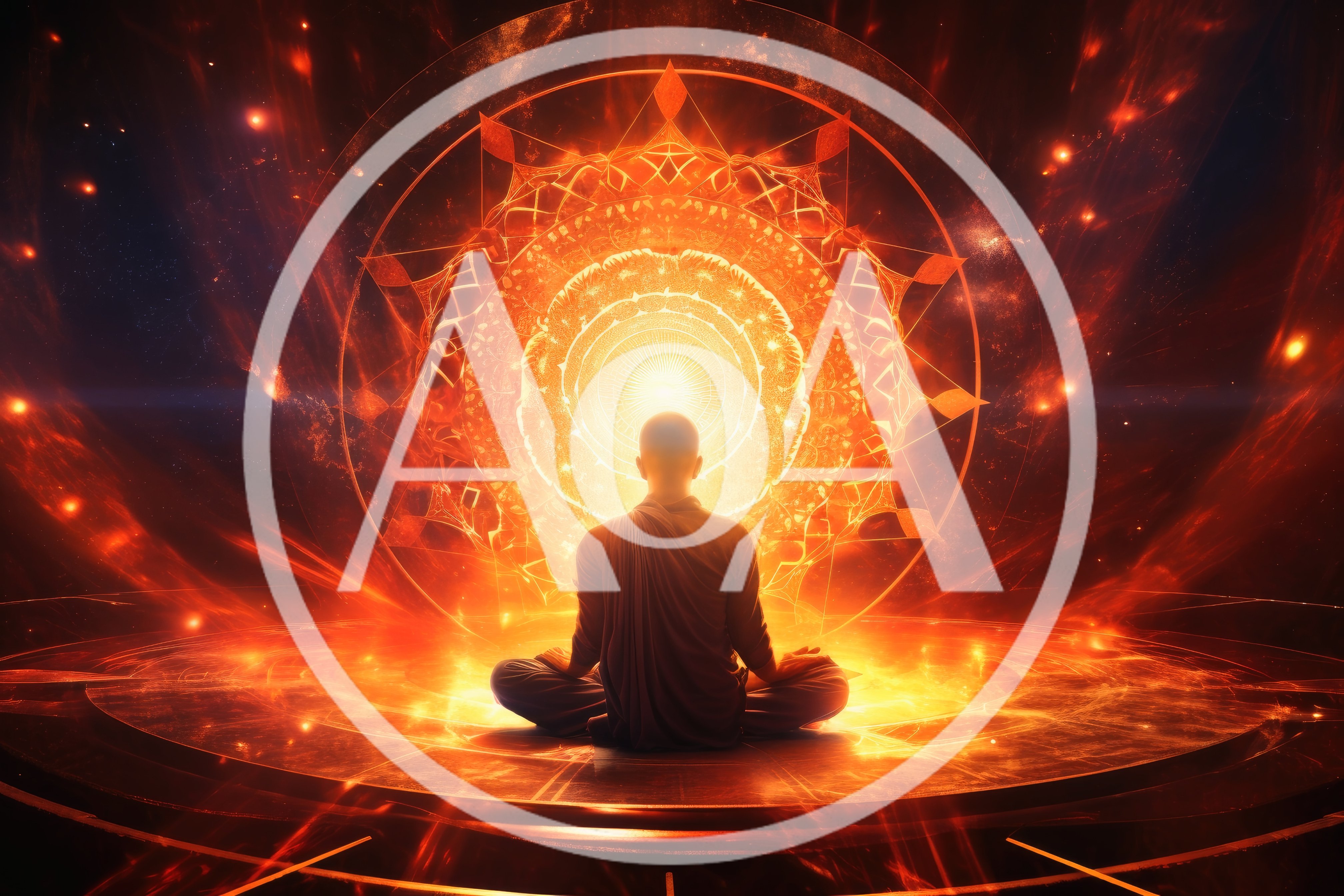 Meditating Monk Before A Glowing Cosmic Mandala