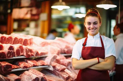 Smiling Female Butcher Standing In A Meat Shop