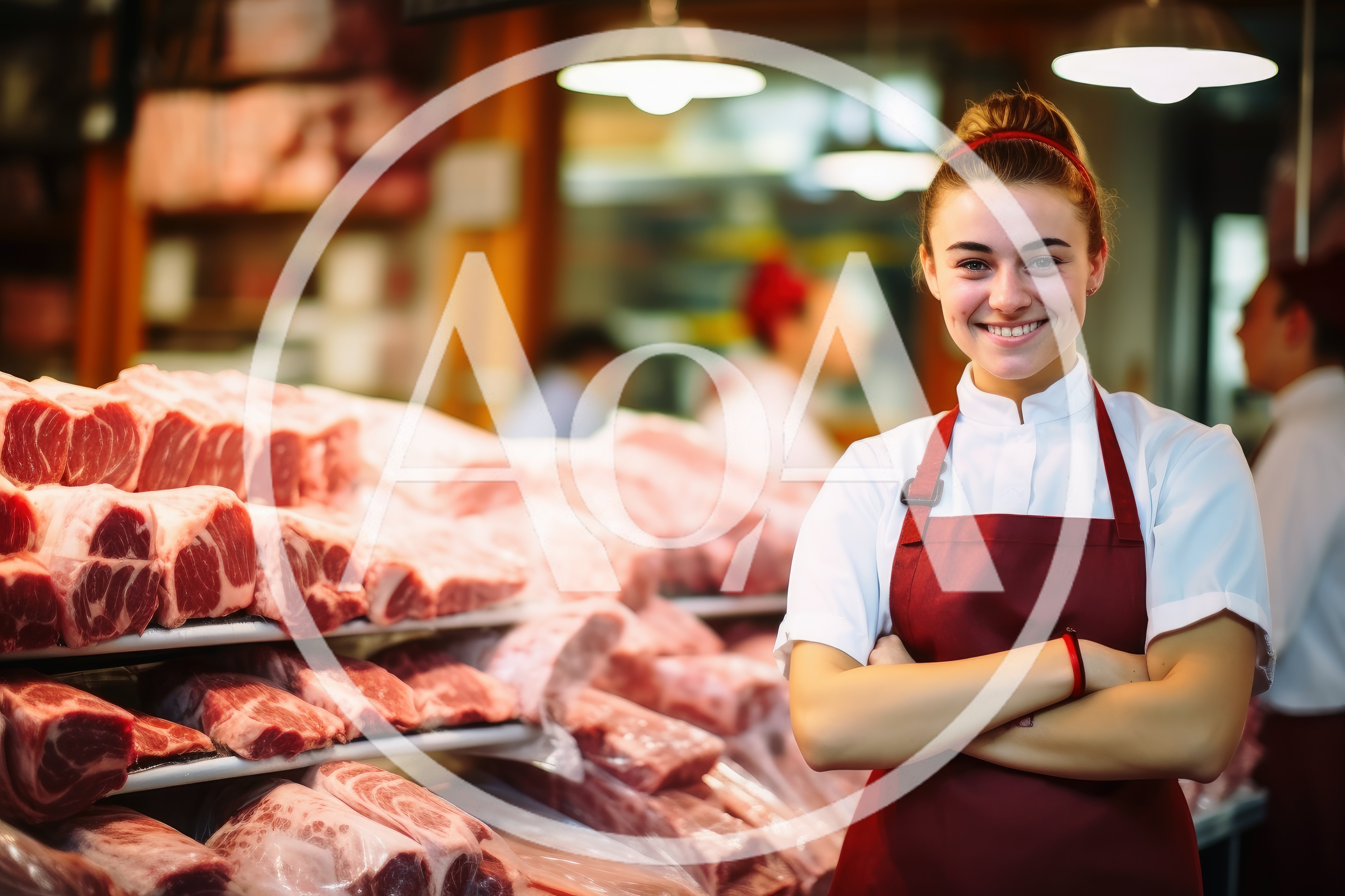 Smiling Female Butcher Standing In A Meat Shop