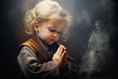 Young Child Praying With Hands Clasped In Devotion