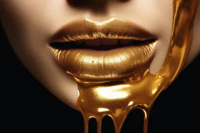 Close Up Of Golden Liquid Dripping From Lips