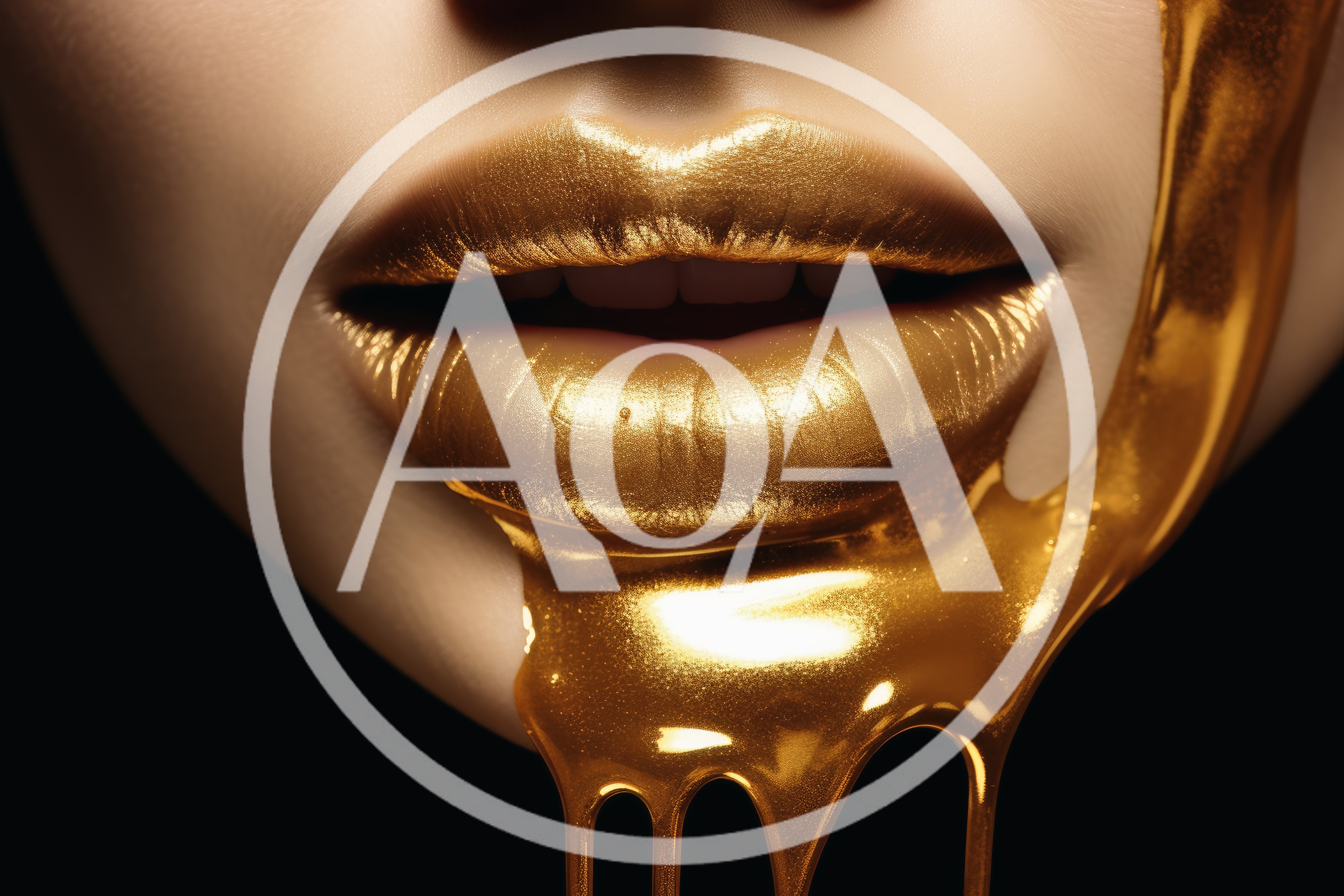 Close Up Of Golden Liquid Dripping From Lips