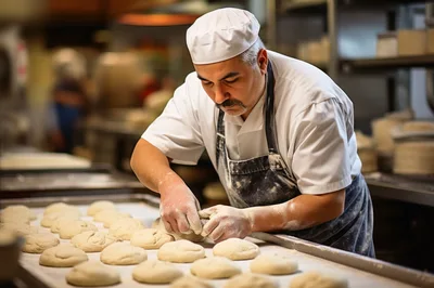 Professional Baker Shaping Dough Balls In Commercial Kitchen