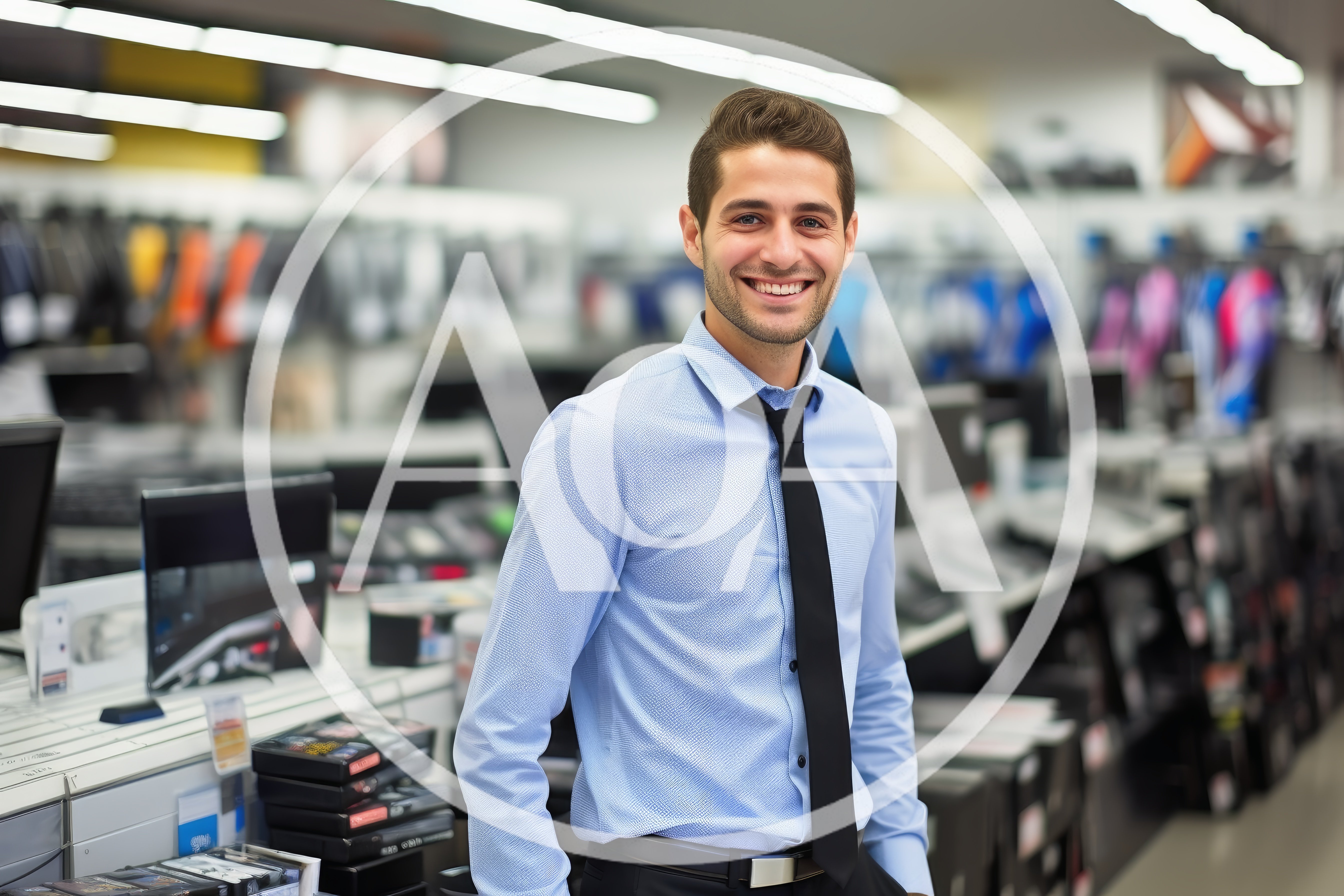 Smiling Male Retail Employee Standing In Electronics Store
