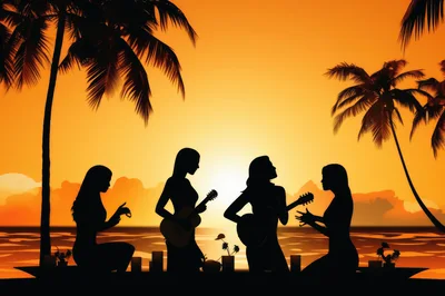 Silhouetted Women Playing Music on a Tropical Beach