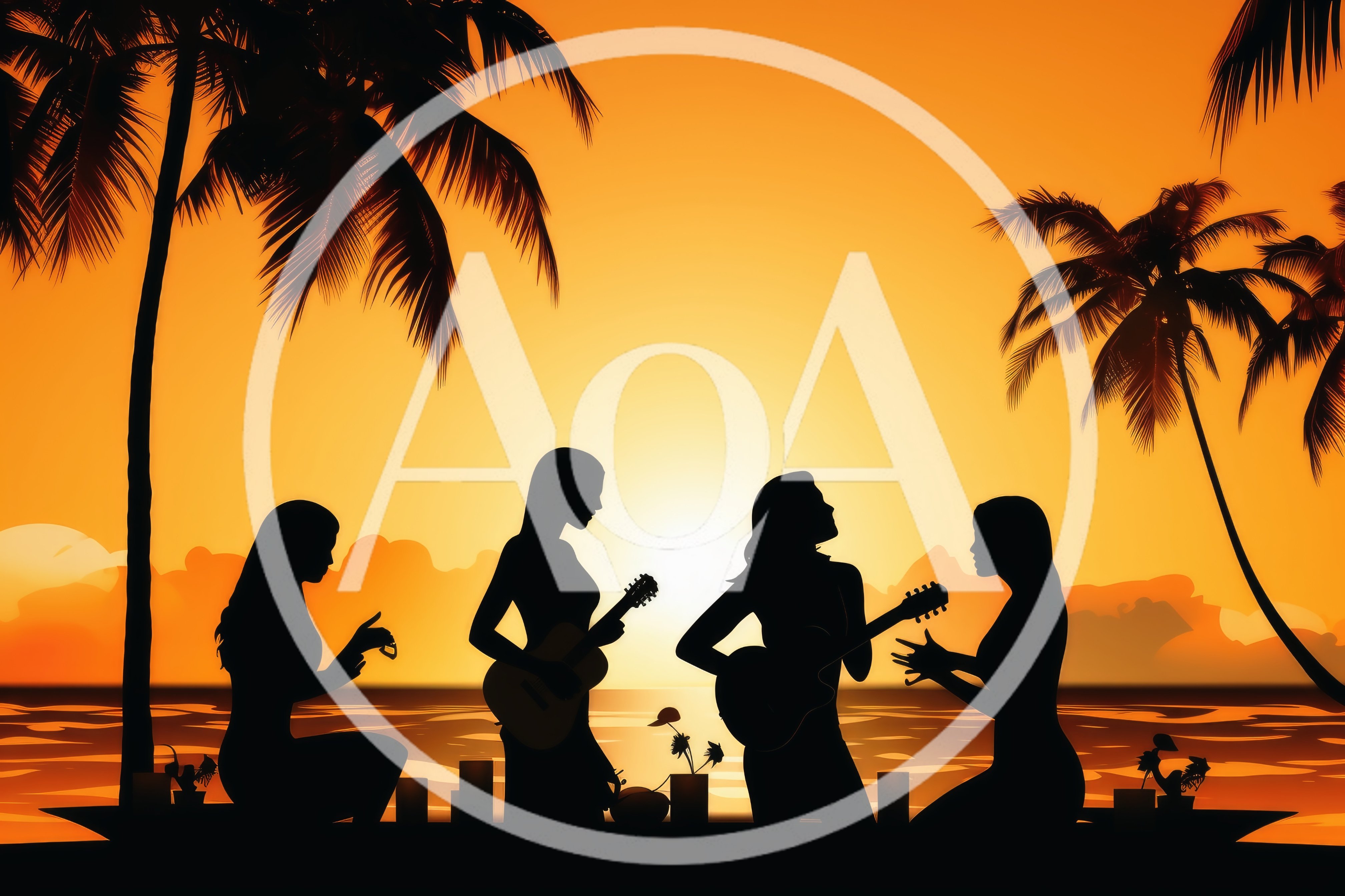 Silhouetted Women Playing Music on a Tropical Beach