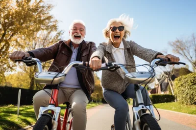 Happy Senior Couple Riding Bicycles Outdoors