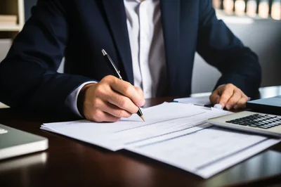 Businessman Signing Important Documents At Office Desk