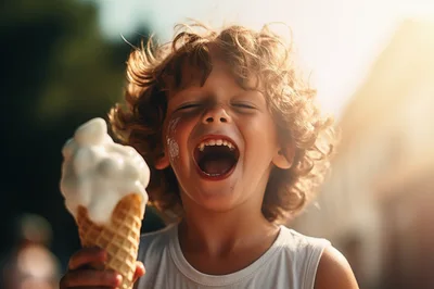 Happy Young Boy Eating Ice Cream Cone