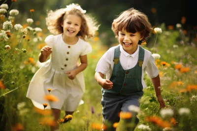 Happy Young Children Running Through A Sunny Wildflower Meadow