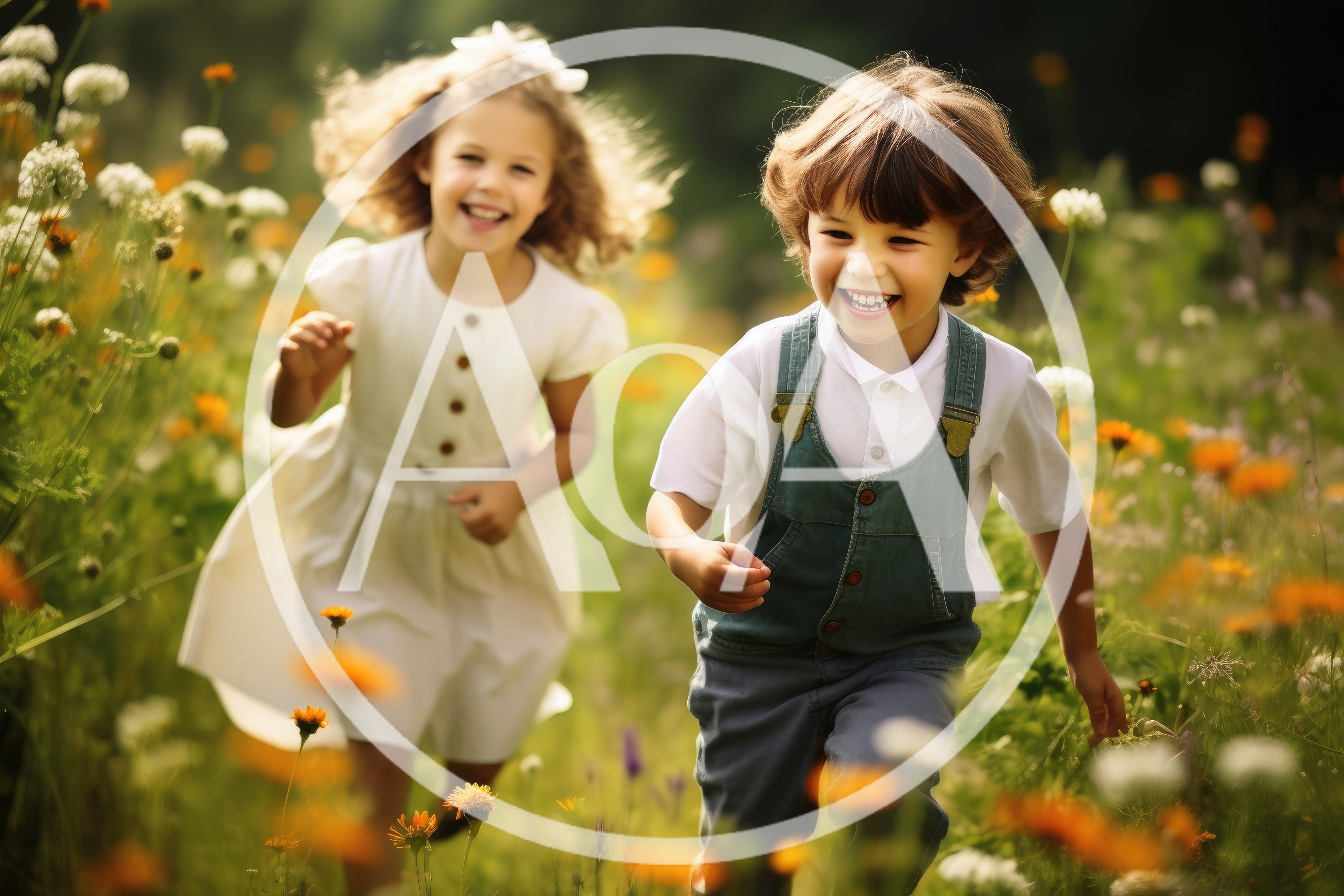 Happy Young Children Running Through A Sunny Wildflower Meadow