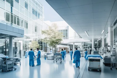 Medical Staff Walking Through Modern Hospital Atrium