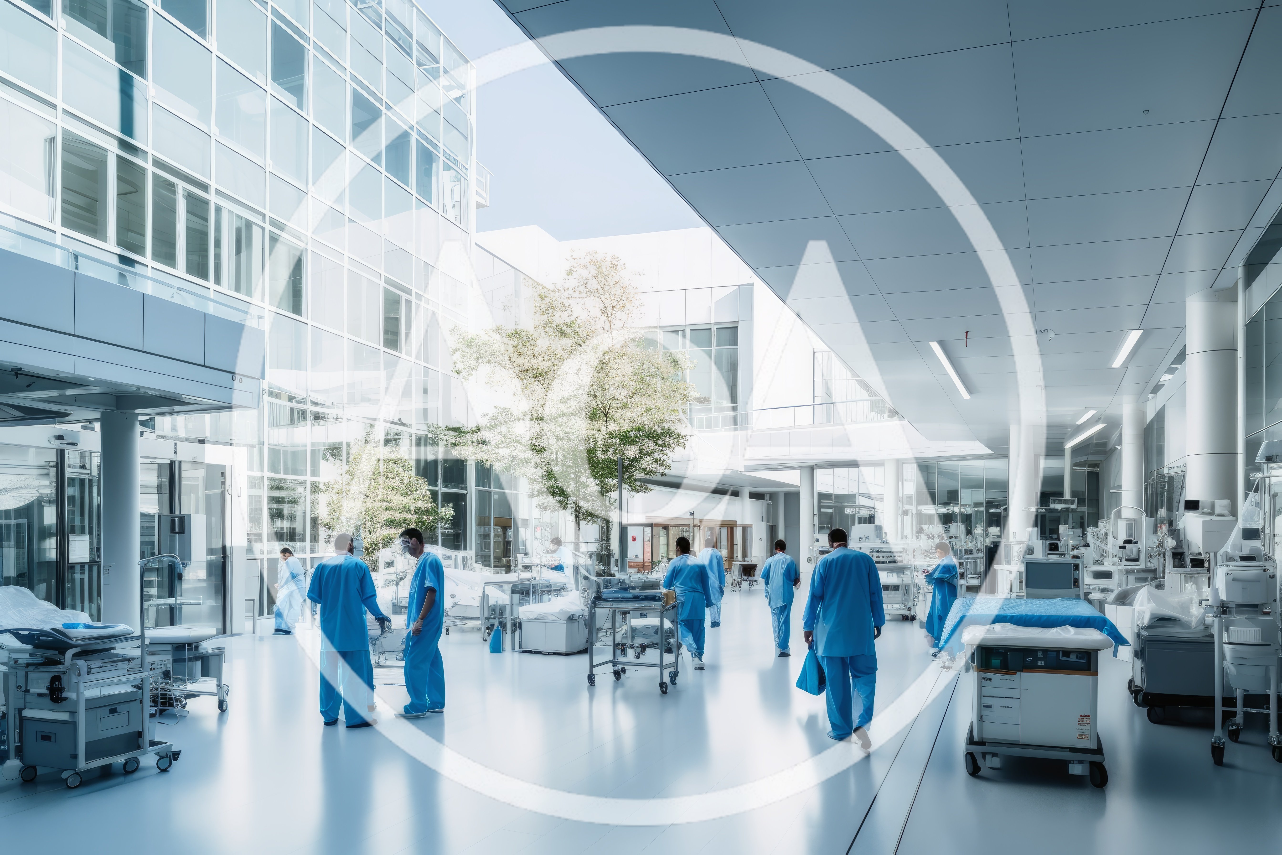 Medical Staff Walking Through Modern Hospital Atrium