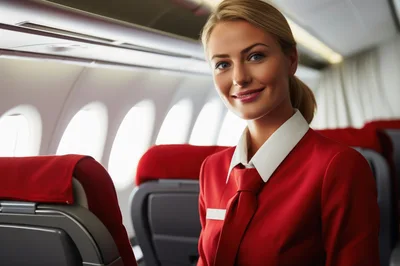 Smiling Flight Attendant In Red Uniform On Airplane
