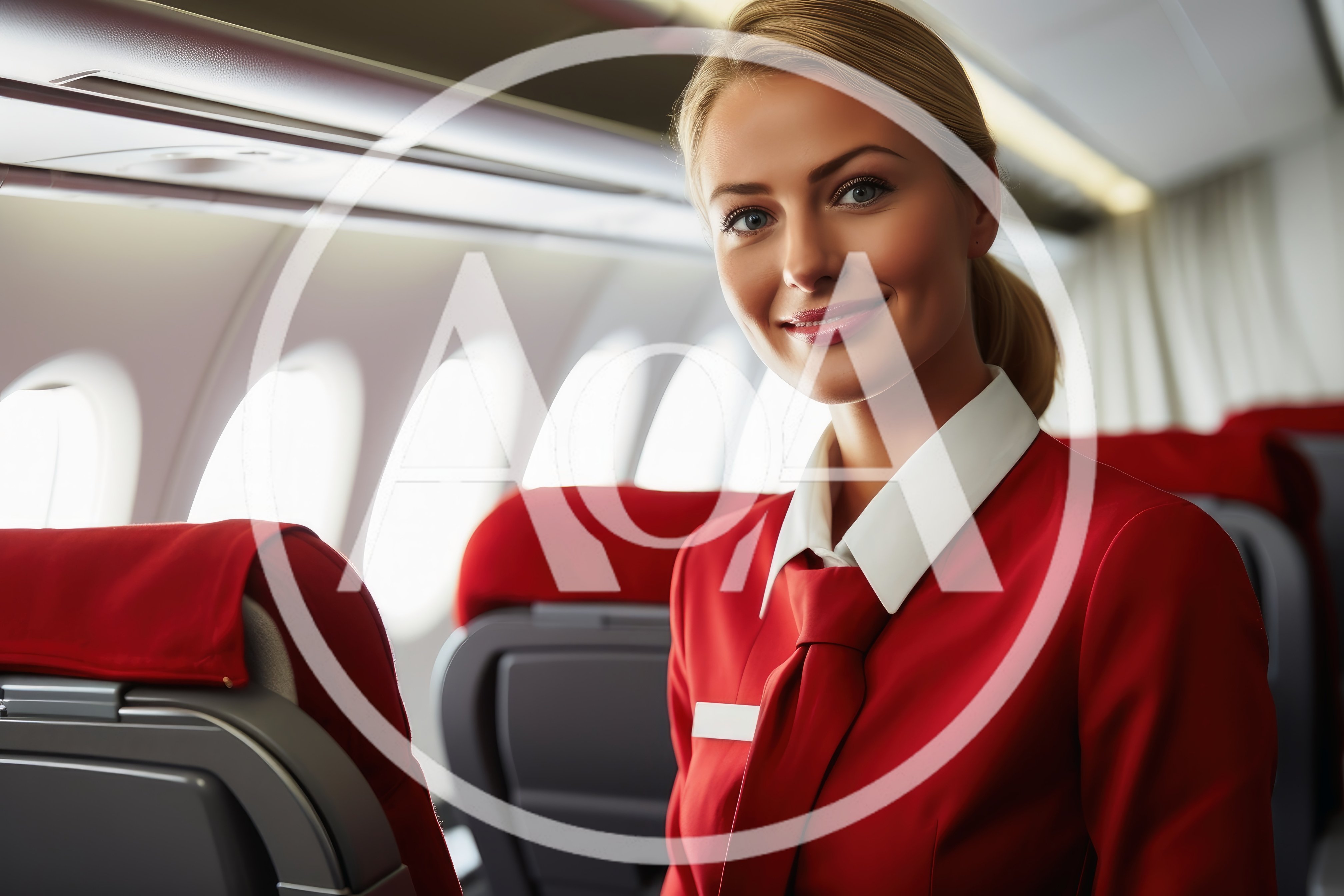 Smiling Flight Attendant In Red Uniform On Airplane