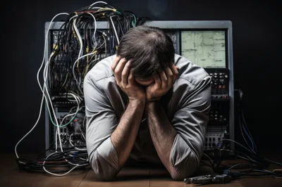 Stressed IT Professional Overwhelmed By Complex Server Cables