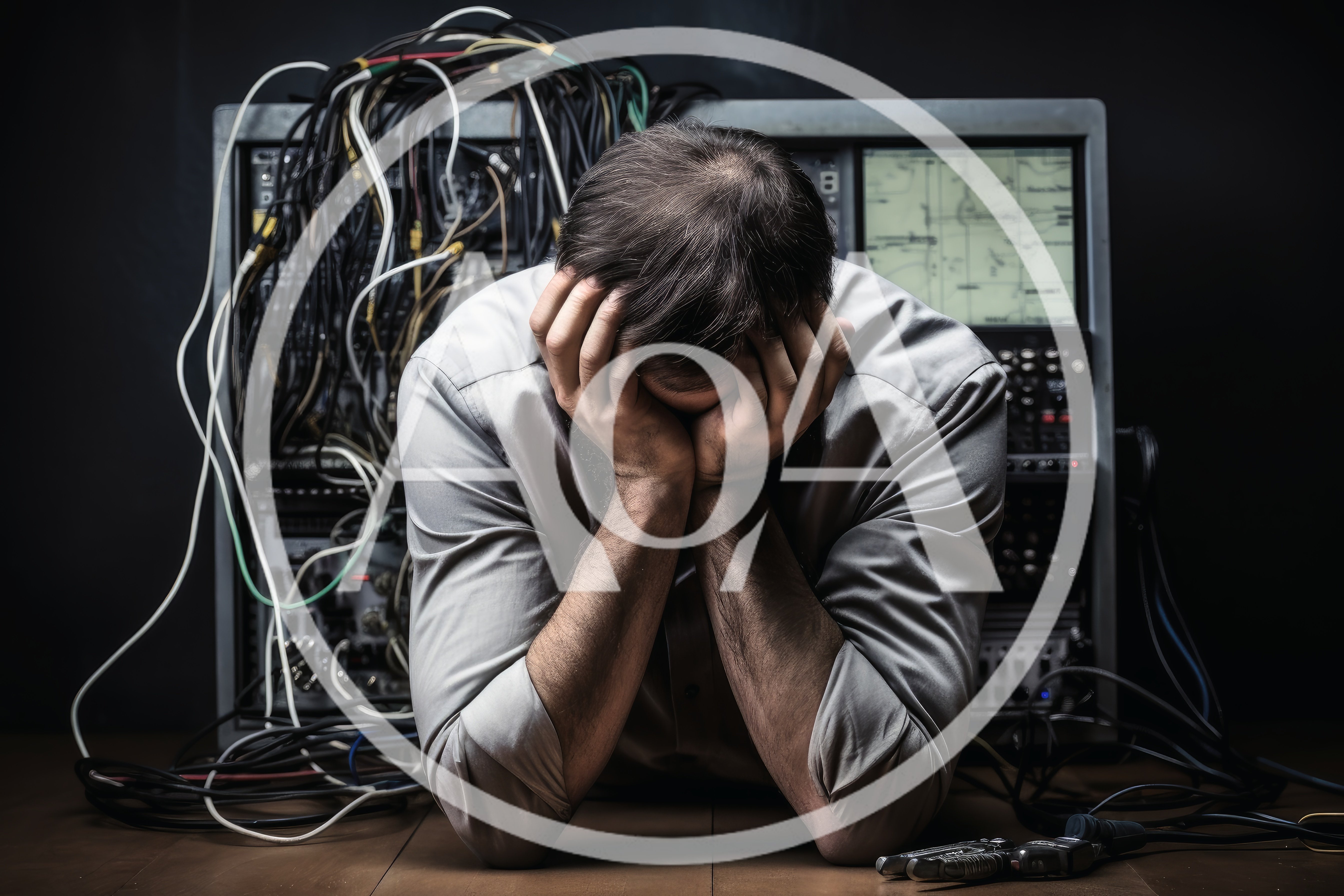 Stressed IT Professional Overwhelmed By Complex Server Cables