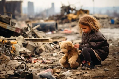 Young Girl Sitting With Teddy Bear In War Zone