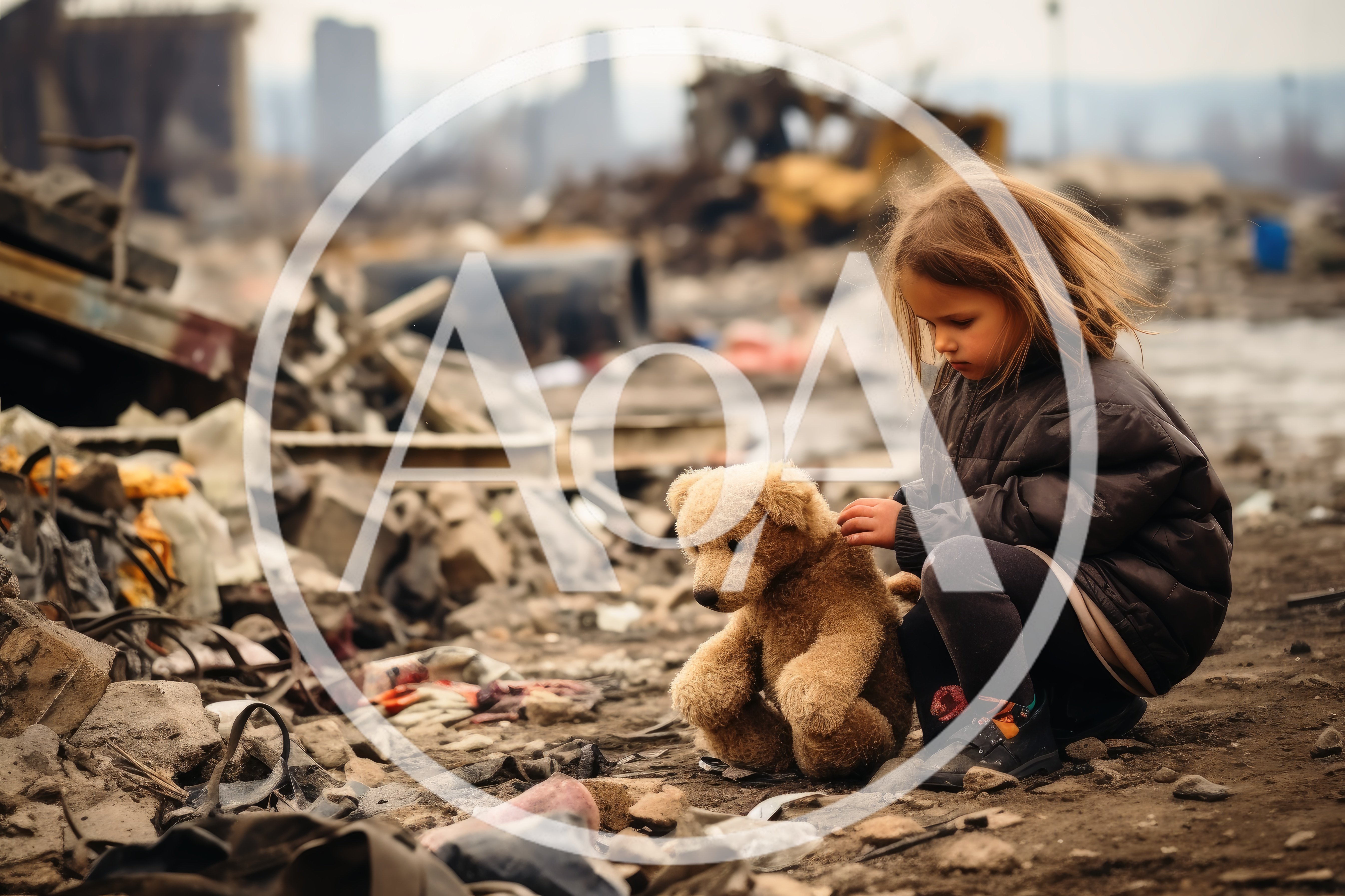 Young Girl Sitting With Teddy Bear In War Zone