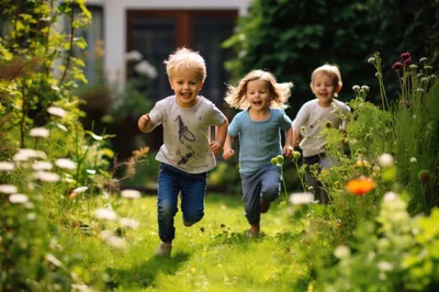 Three Happy Children Running Through A Sunny Garden