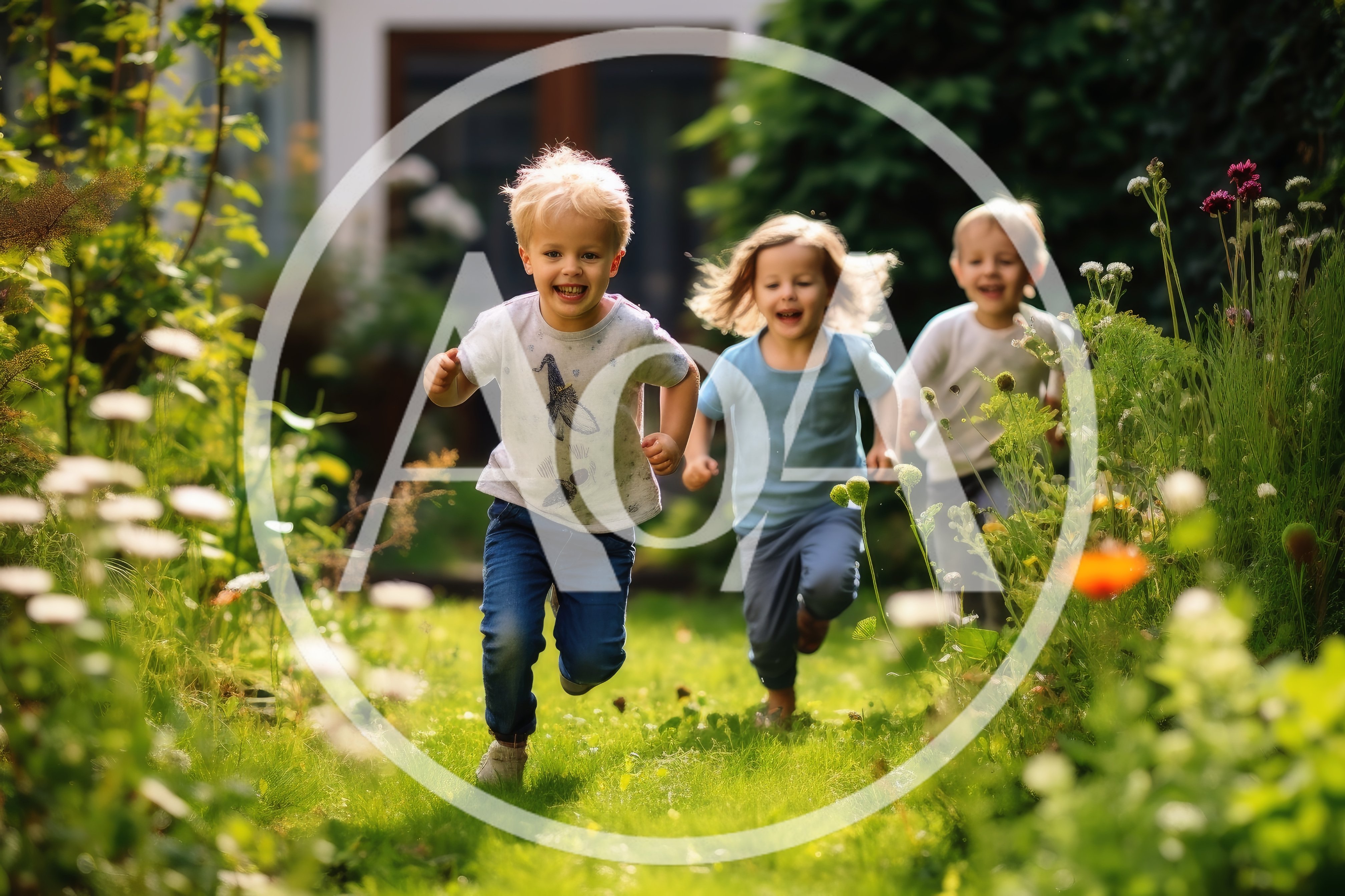 Three Happy Children Running Through A Sunny Garden