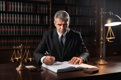Mature Lawyer Writing In A Law Book In Library