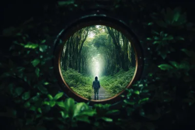 Person Walking Through A Circular Forest Portal