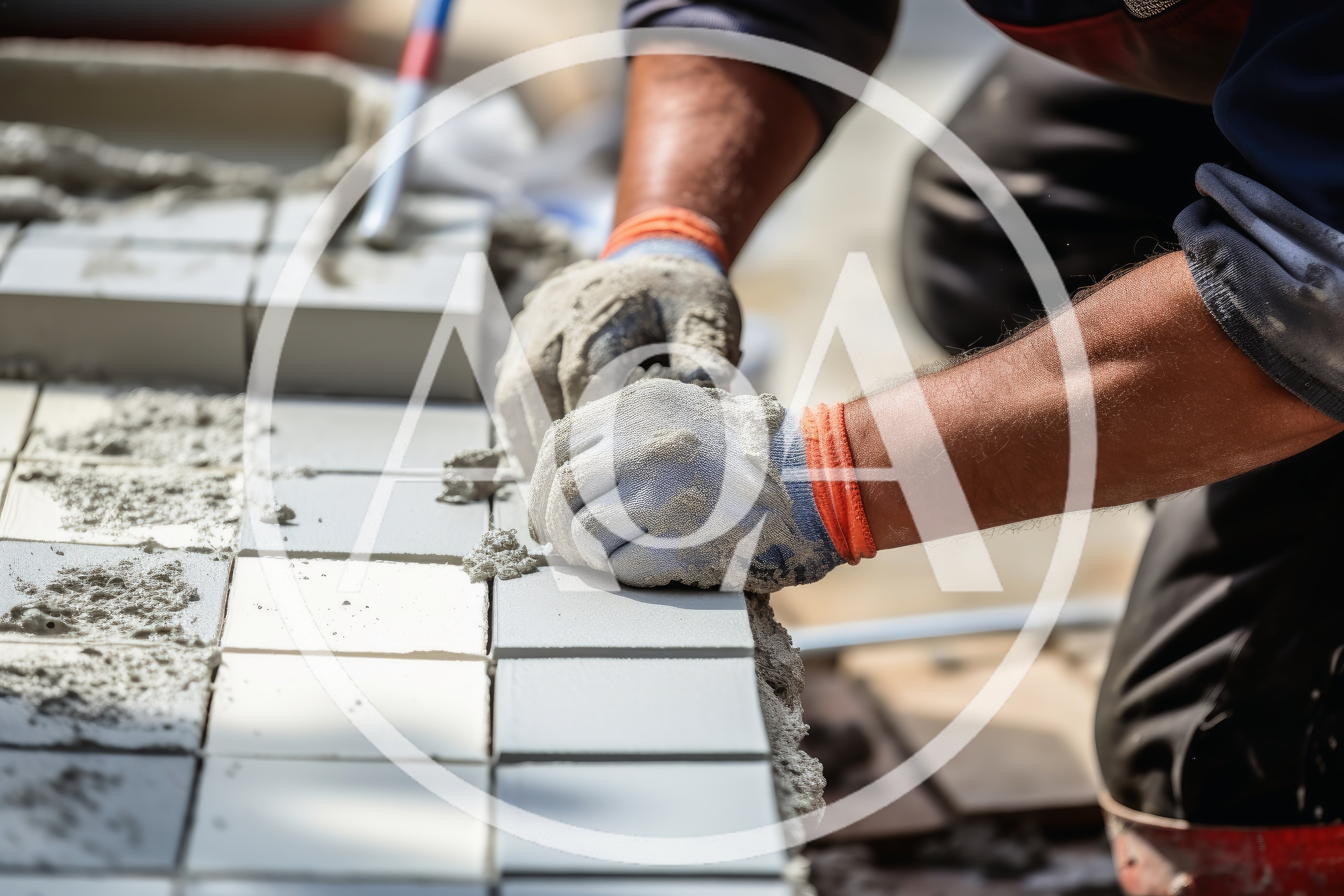 Construction Worker Laying Ceramic Tiles With Mortar