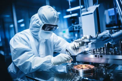 Scientist Working With Microchip In Cleanroom Laboratory