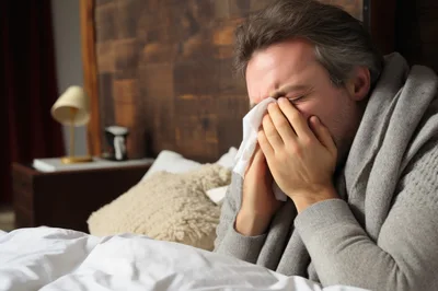 Sick Man Blowing Nose With Tissue In Bed