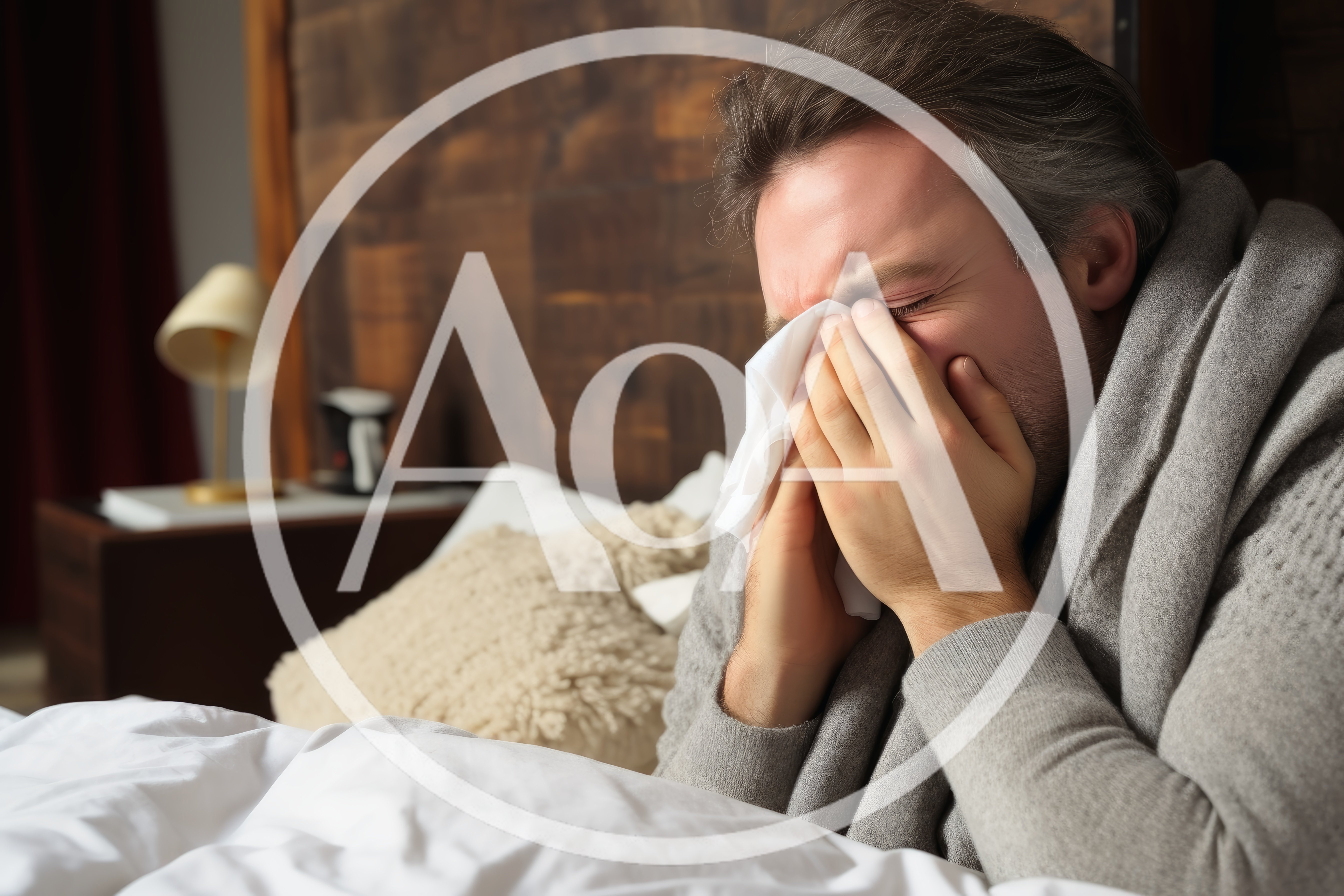 Sick Man Blowing Nose With Tissue In Bed