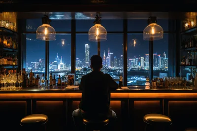 Man Sitting Alone at a Rooftop Bar Overlooking Cityscape