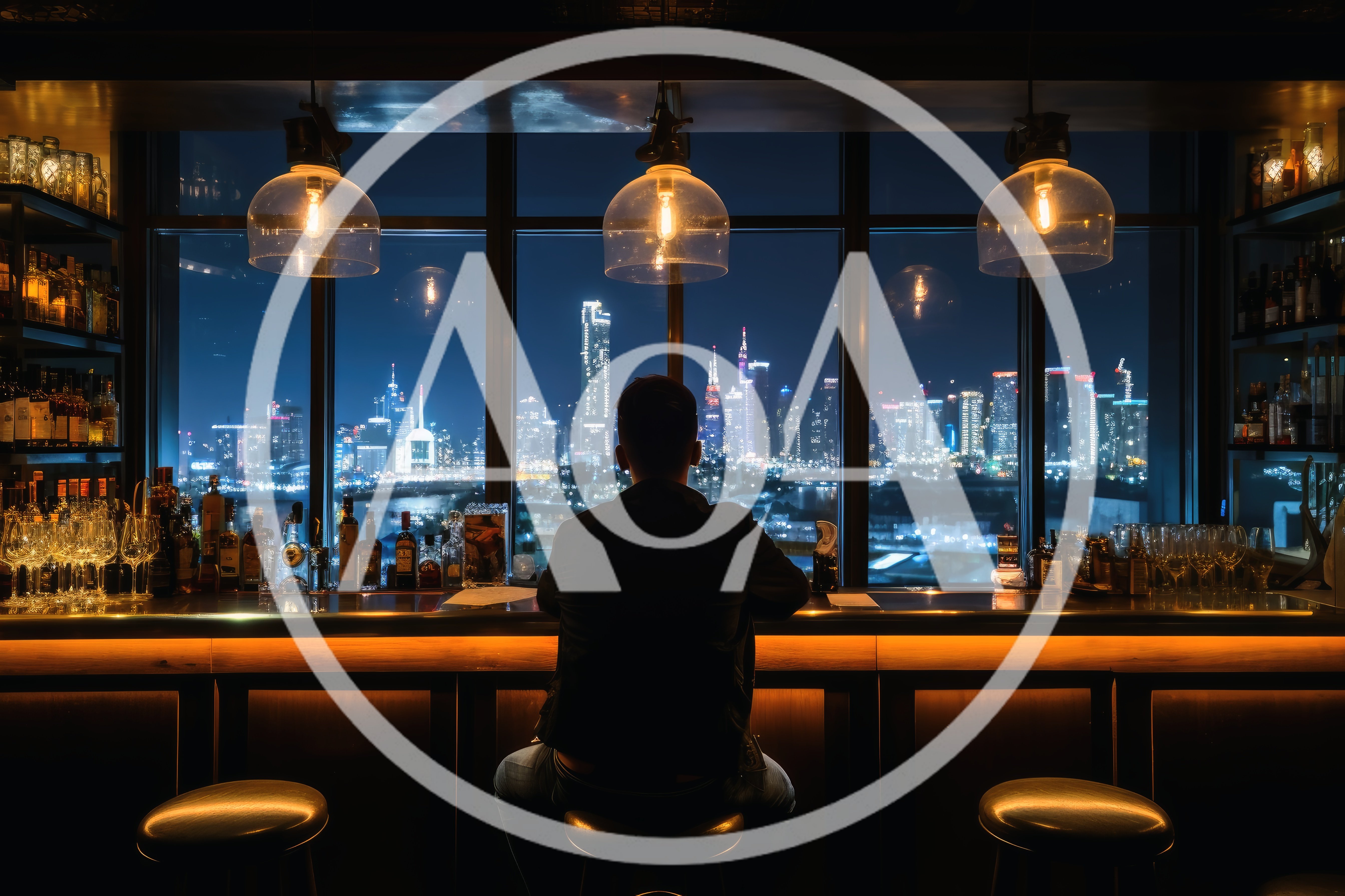 Man Sitting Alone at a Rooftop Bar Overlooking Cityscape