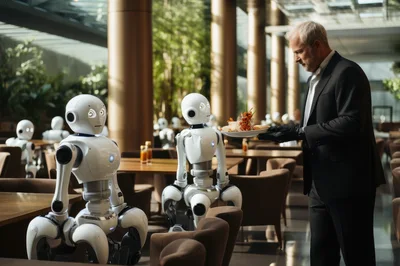 Human Waiter Serving Food To Futuristic Robots