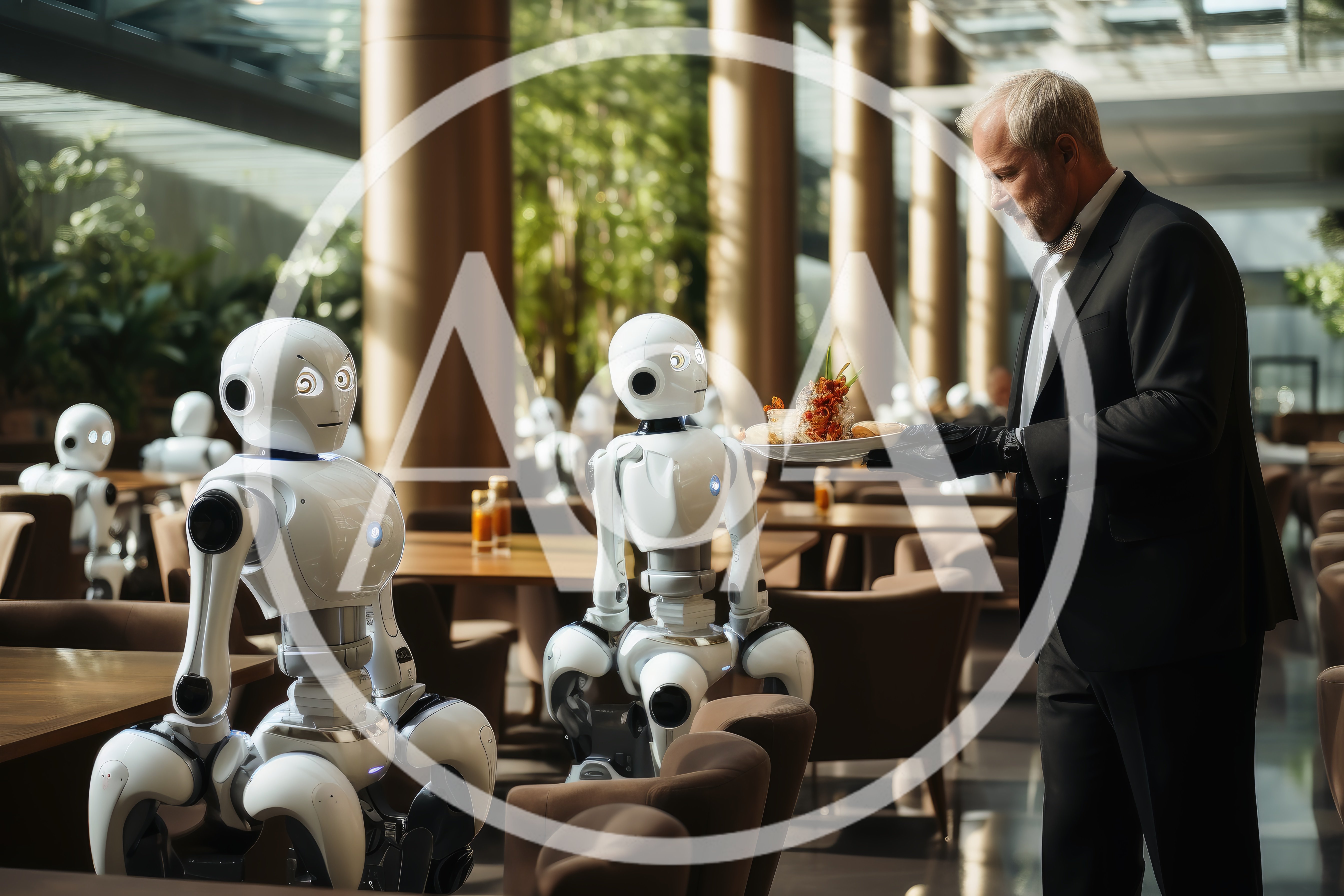 Human Waiter Serving Food To Futuristic Robots