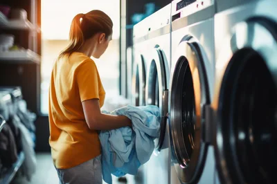 Young Woman Loading Laundry Into A Commercial Washing Machine